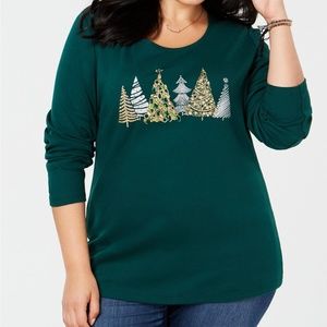NWT Karen Scott Plus Size Holiday-Tree Printed Tee